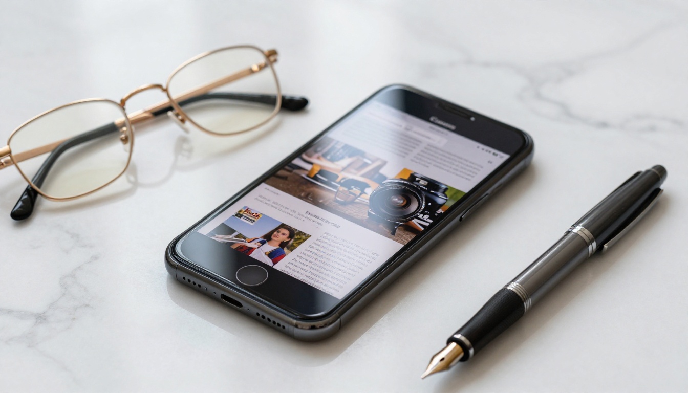 Smartphone on marble surface displaying interactive digital magazine with page flip animation