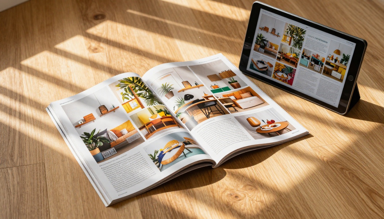 Open magazine on wooden floor with tablet showing digital version beside it in afternoon light Open magazine on wooden floor with tablet showing digital version beside it in afternoon light