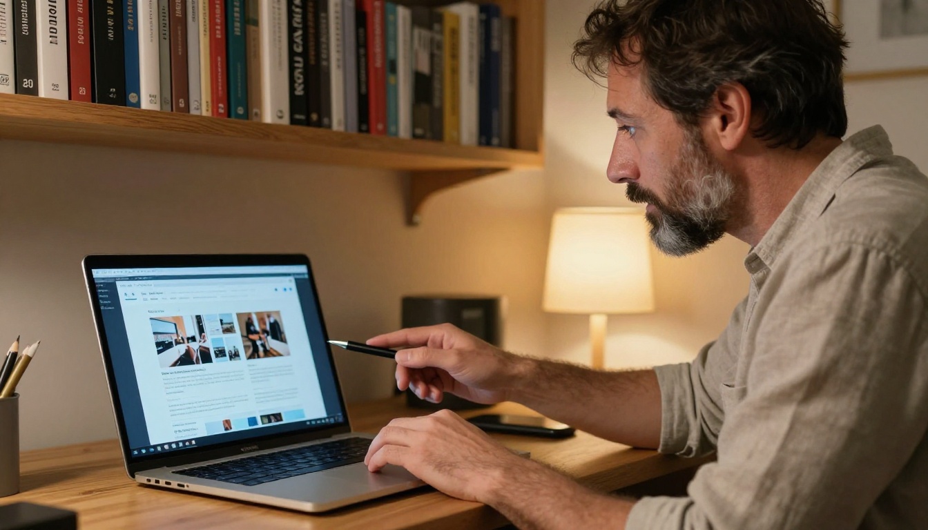 Man demonstrating embedded digital magazine on laptop to camera in home office setting Man demonstrating embedded digital magazine on laptop to camera in home office setting