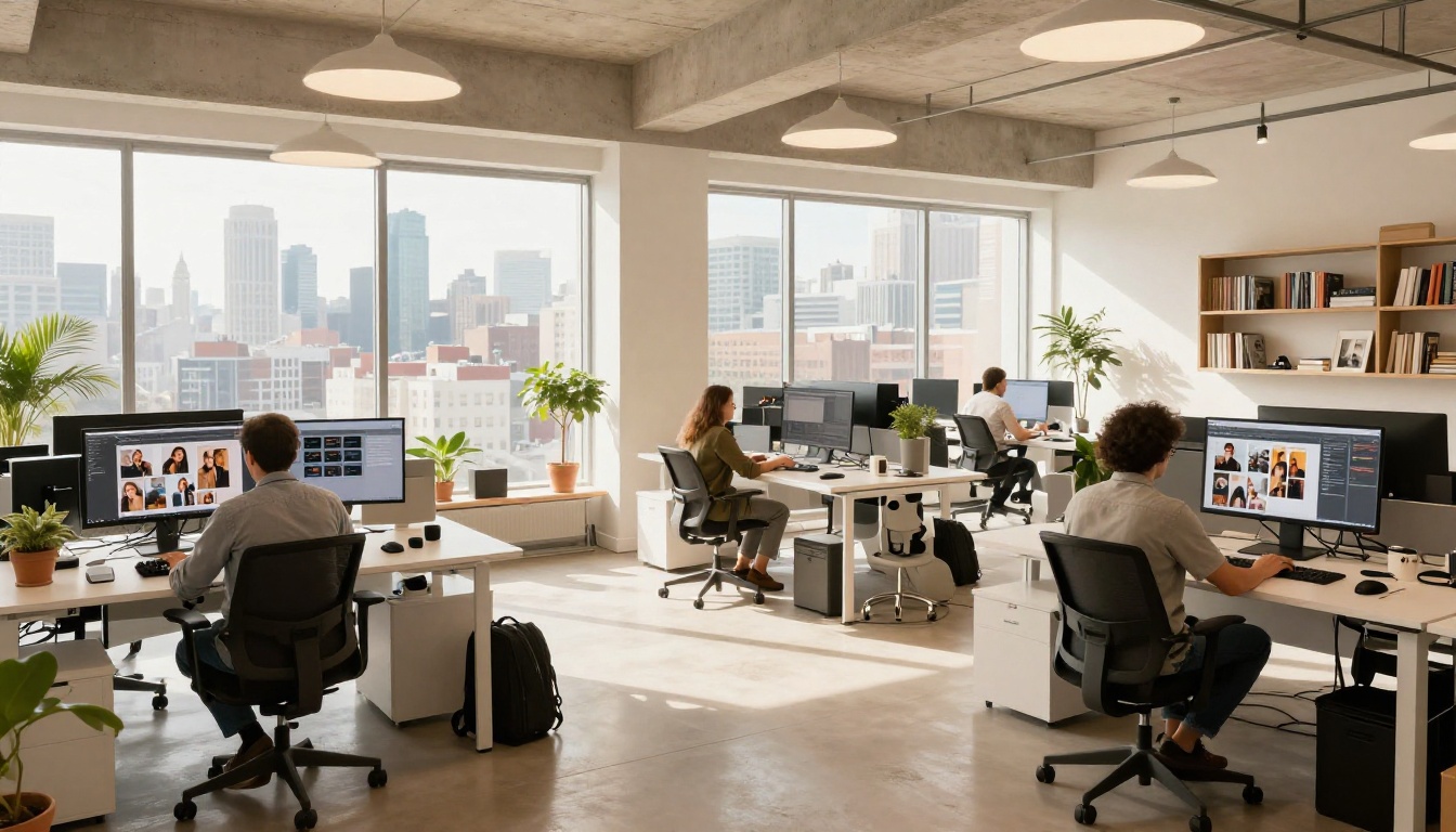 Wide view of modern open-plan digital publishing studio with designers at work under natural daylight Wide view of modern open-plan digital publishing studio with designers at work under natural daylight