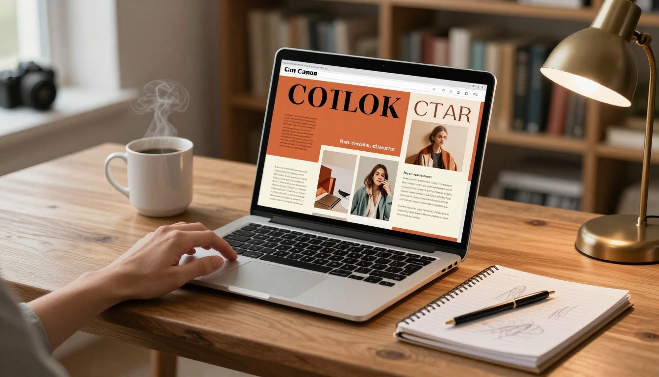 Designer working on digital flipbook layouts at a laptop
