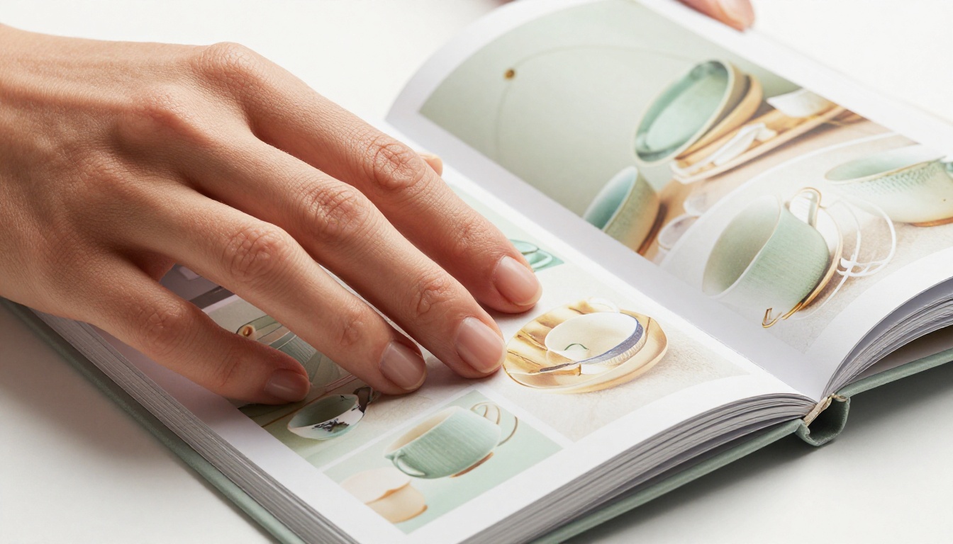 Close-up macro of elegant hands turning a flipbook page showing a product catalog layout