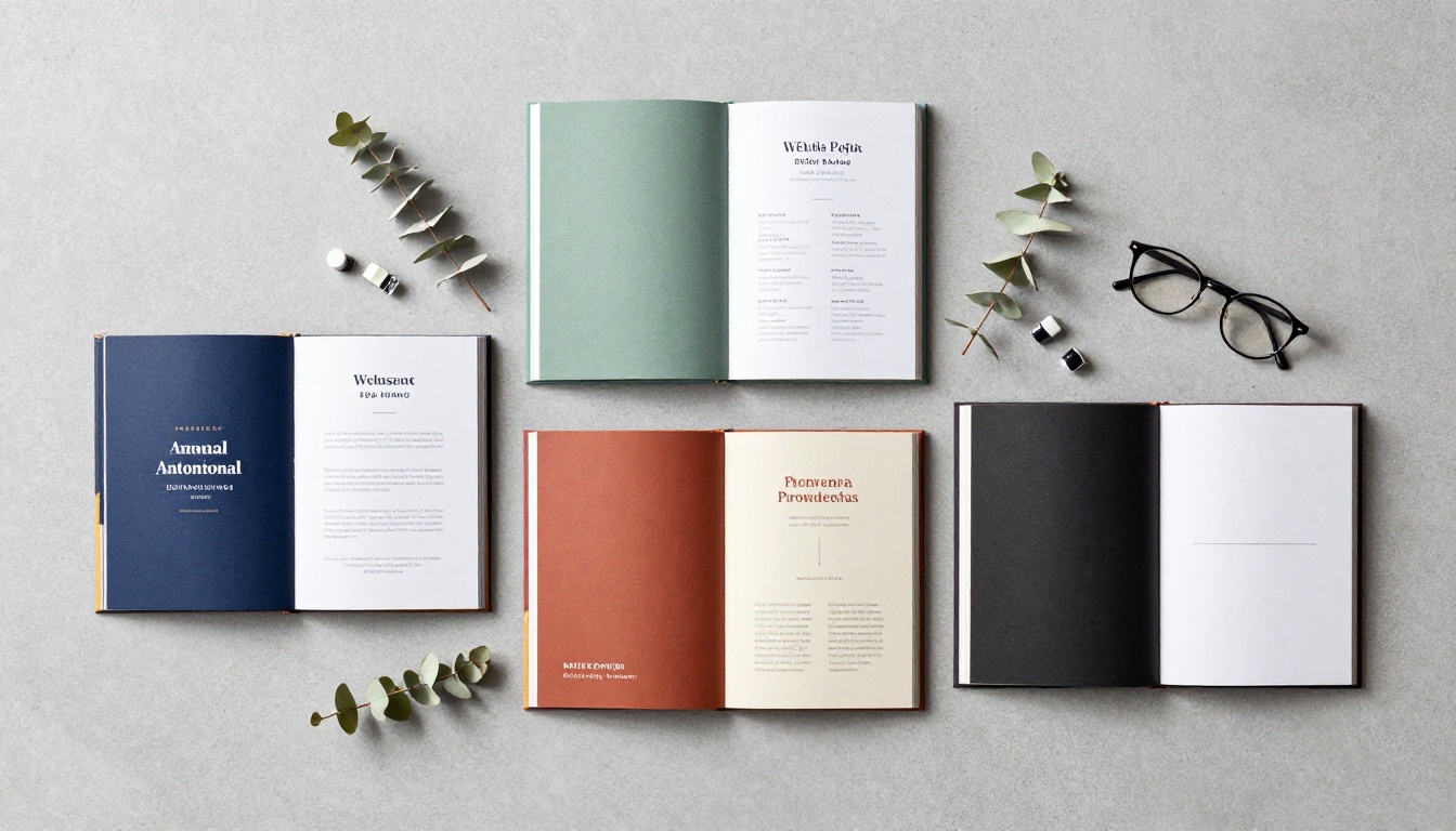 Aerial flat-lay of five different flipbook template styles arranged on grey concrete