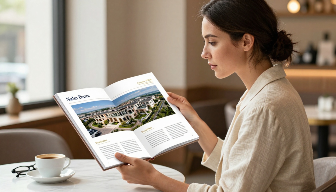 Professional woman reviewing a real estate flipbook brochure at a marble café table