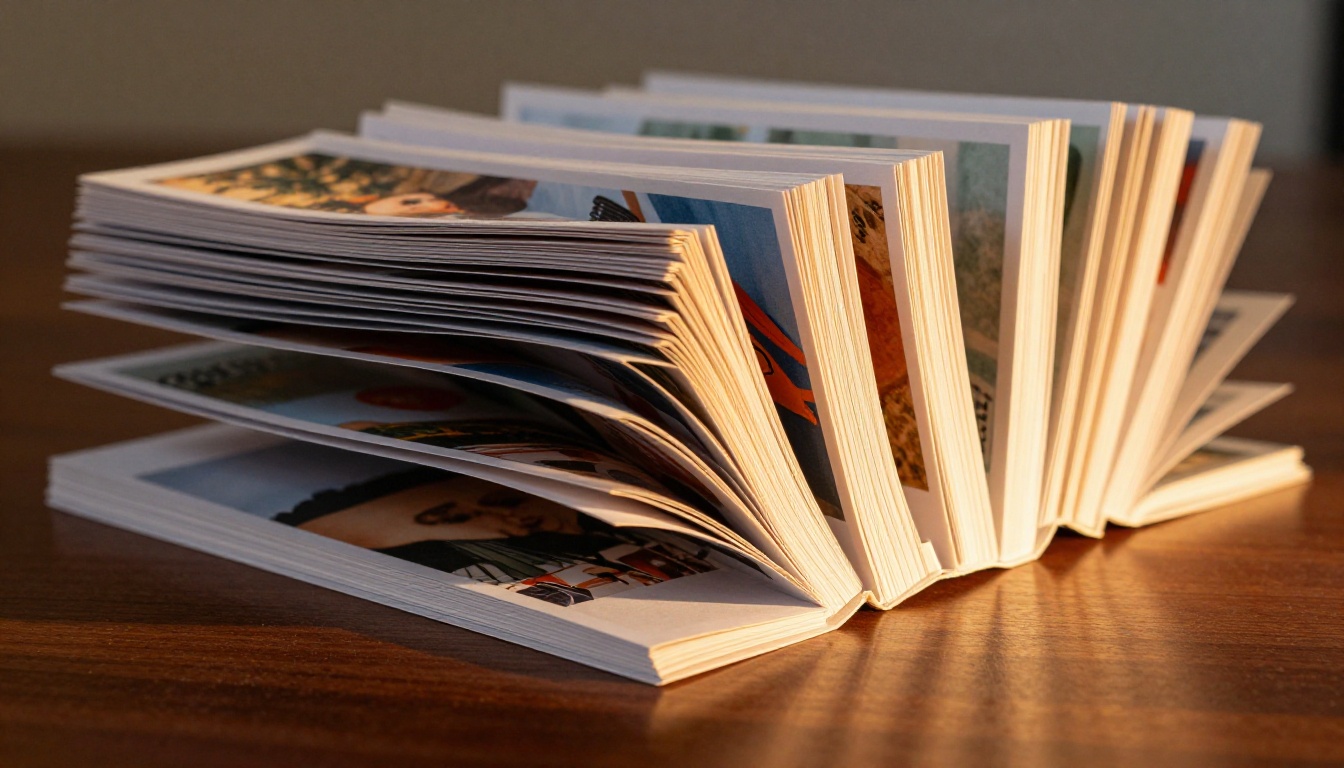Dramatic close-up of a thick flipbook's pages mid-flip on a dark walnut surface