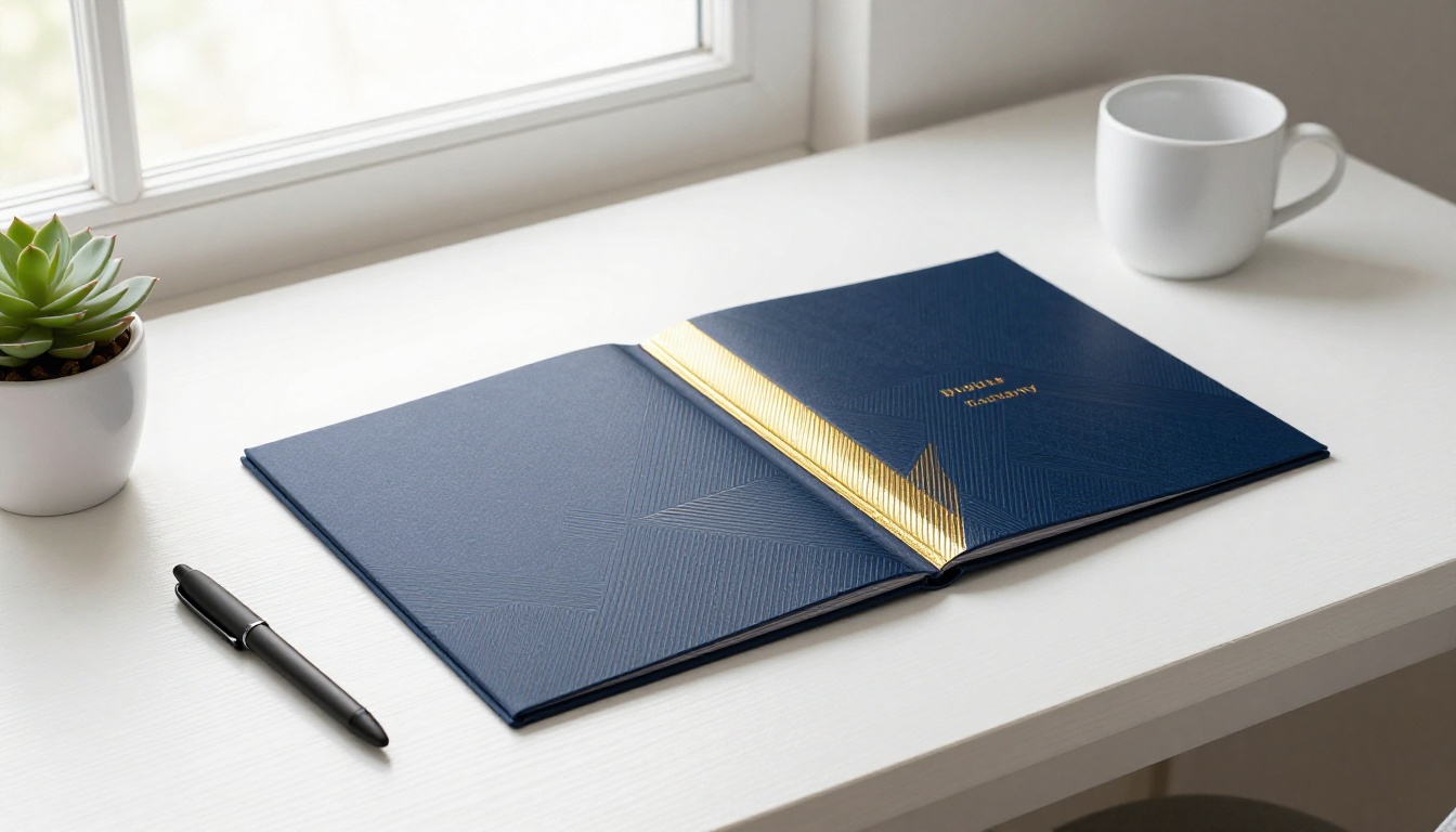 Pristine minimalist home office desk with a closed navy flipbook and potted succulent