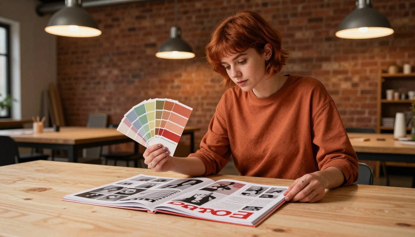 Graphic designer with Pantone color swatches next to an open fashion lookbook flipbook