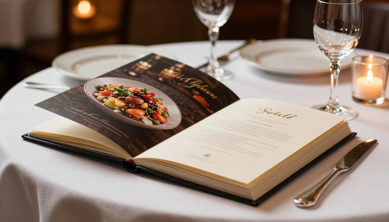 Beautifully printed restaurant menu flipbook open on white linen with candlelight