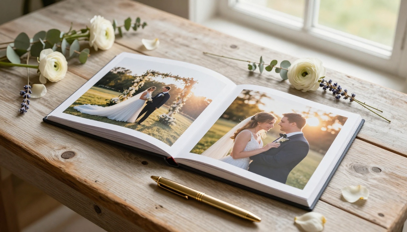 Aerial overhead wedding album flipbook open on a rustic oak table with dried florals