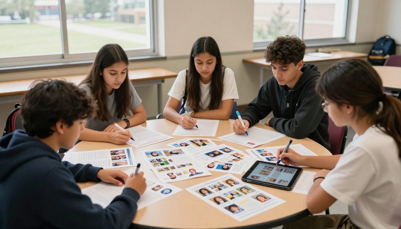 School yearbook committee students around a table reviewing page layouts School yearbook committee students around a table reviewing page layouts
