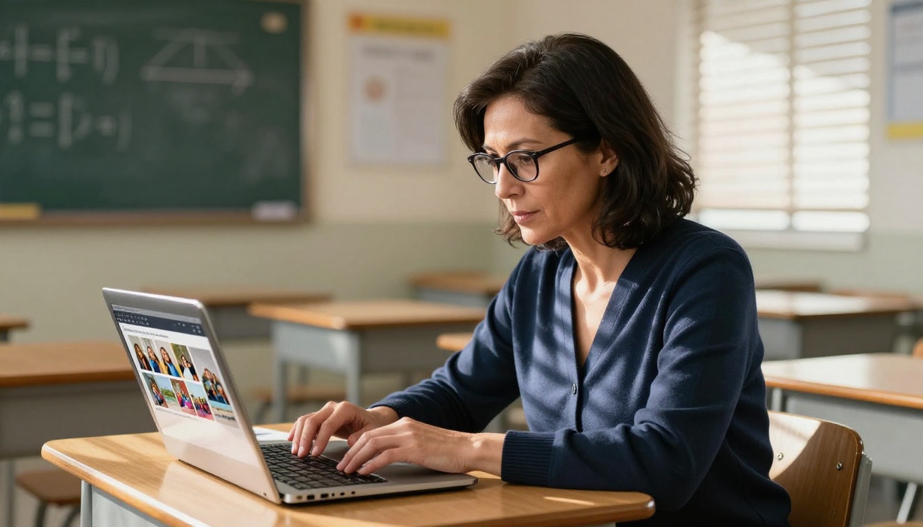Teacher reviewing digital yearbook interface on her laptop in classroom Teacher reviewing digital yearbook interface on her laptop in classroom