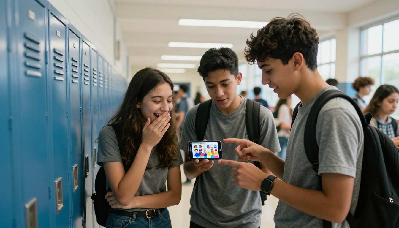 Students in school hallway sharing digital yearbook on a smartphone Students in school hallway sharing digital yearbook on a smartphone