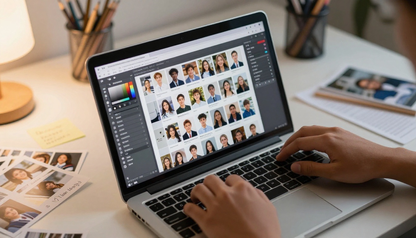 Student hands designing yearbook page layout on a laptop Student hands designing yearbook page layout on a laptop