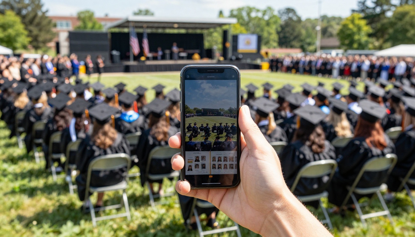 Graduates at ceremony holding smartphone showing digital yearbook Graduates at ceremony holding smartphone showing digital yearbook