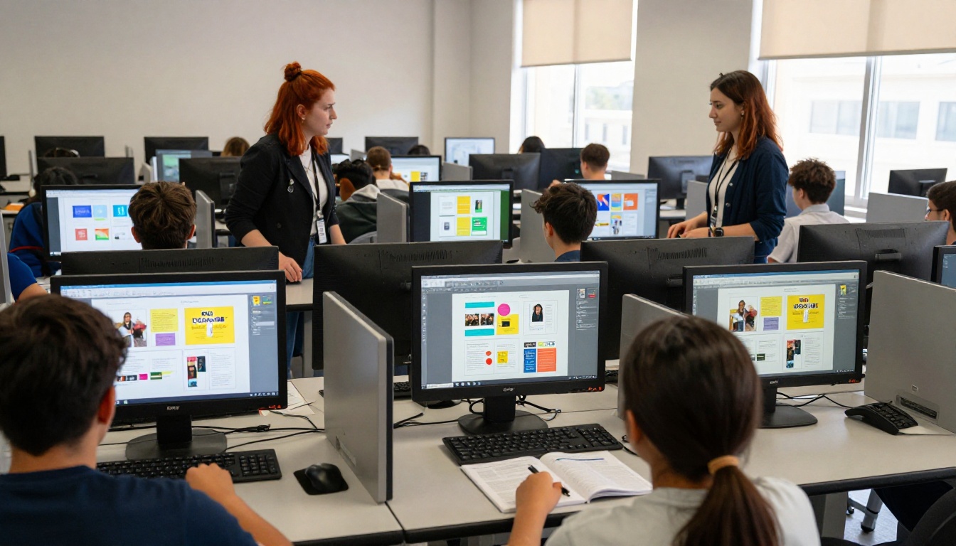 Computer lab students designing yearbook sections on desktop screens Computer lab students designing yearbook sections on desktop screens