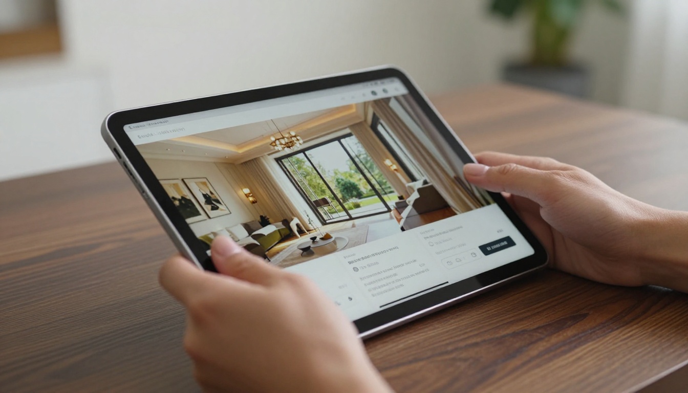 A close-up of hands holding a tablet displaying a real estate listing flipbook mid page-turn A close-up of hands holding a tablet displaying a real estate listing flipbook mid page-turn
