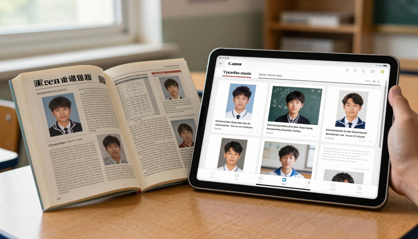 Side-by-side printed yearbook and tablet showing digital flipbook version Side-by-side printed yearbook and tablet showing digital flipbook version