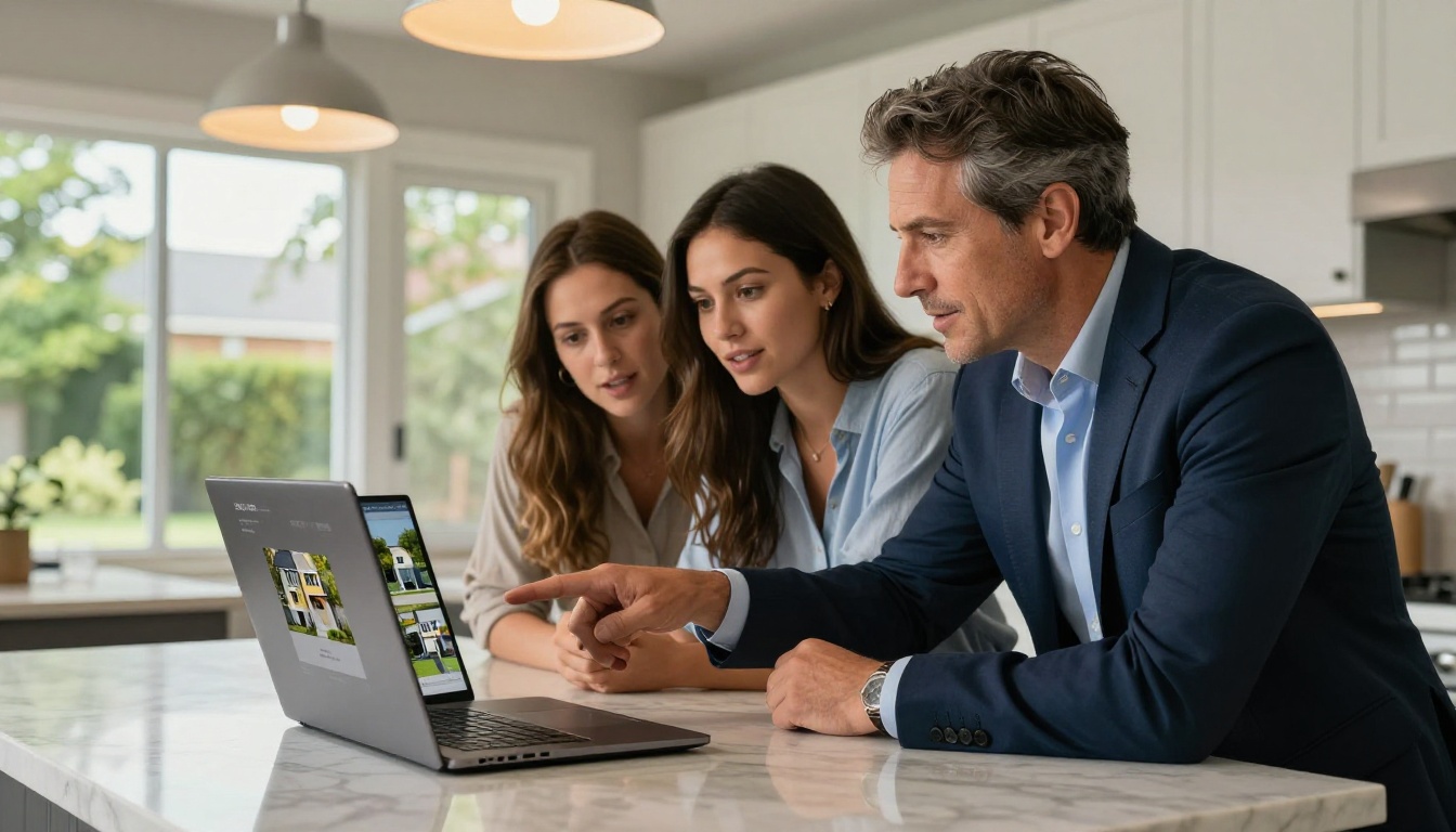 A real estate agent presenting a digital property listing flipbook to an interested young couple on a laptop A real estate agent presenting a digital property listing flipbook to an interested young couple on a laptop