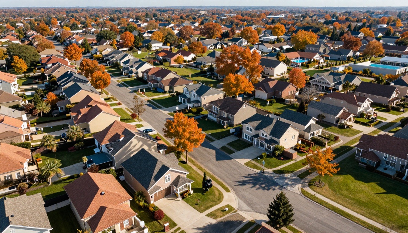 Aerial drone photograph of a pristine suburban residential neighborhood surrounded by autumn foliage Aerial drone photograph of a pristine suburban residential neighborhood surrounded by autumn foliage