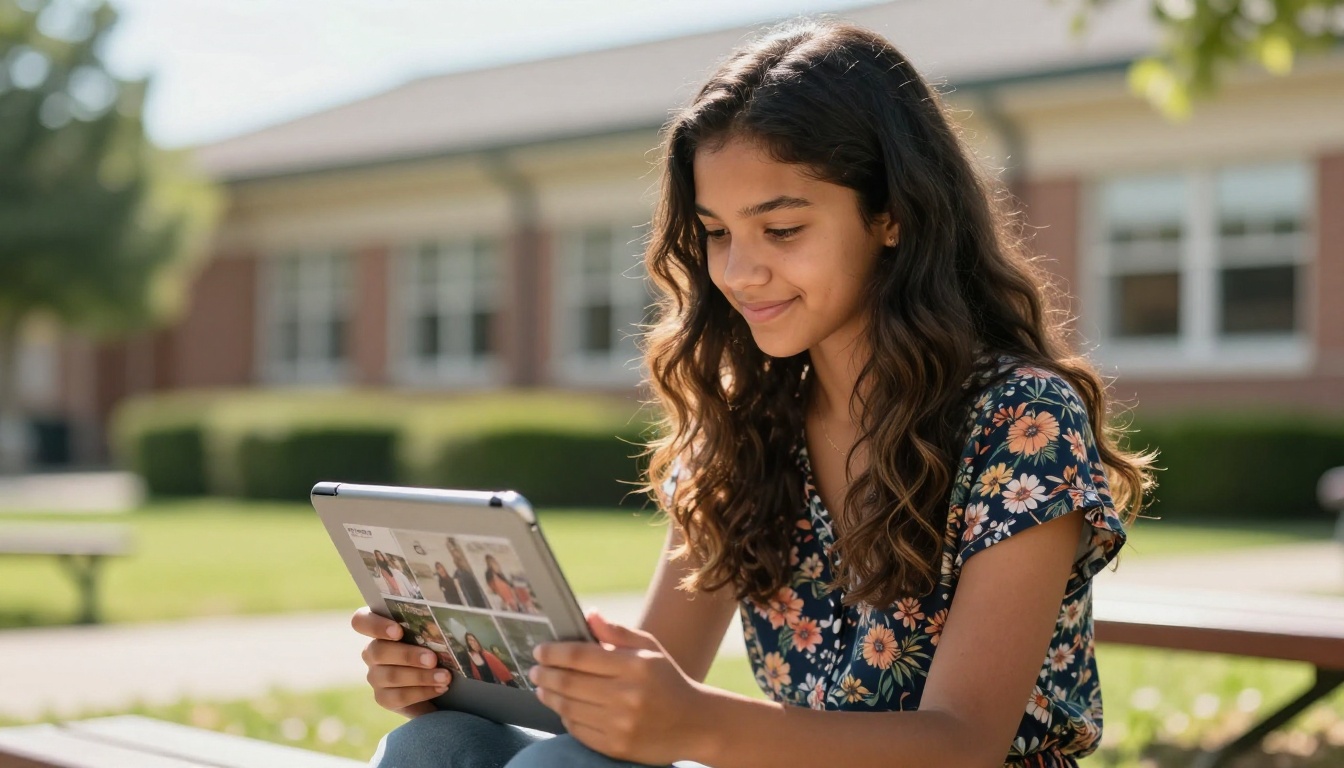 Teenage girl reading digital yearbook flipbook on tablet outdoors in school courtyard Teenage girl reading digital yearbook flipbook on tablet outdoors in school courtyard
