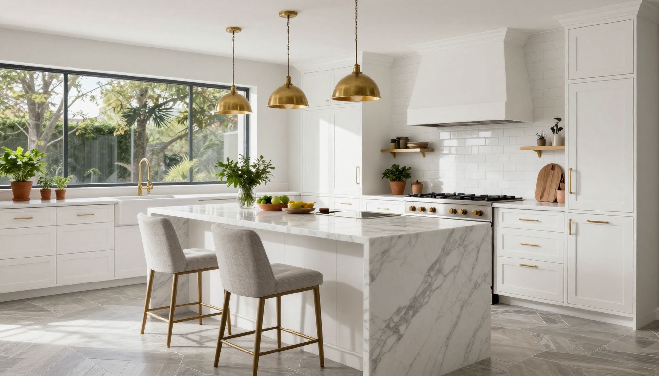 A photorealistic high-end modern kitchen with a white Carrara marble island and natural light staged for luxury real estate photography