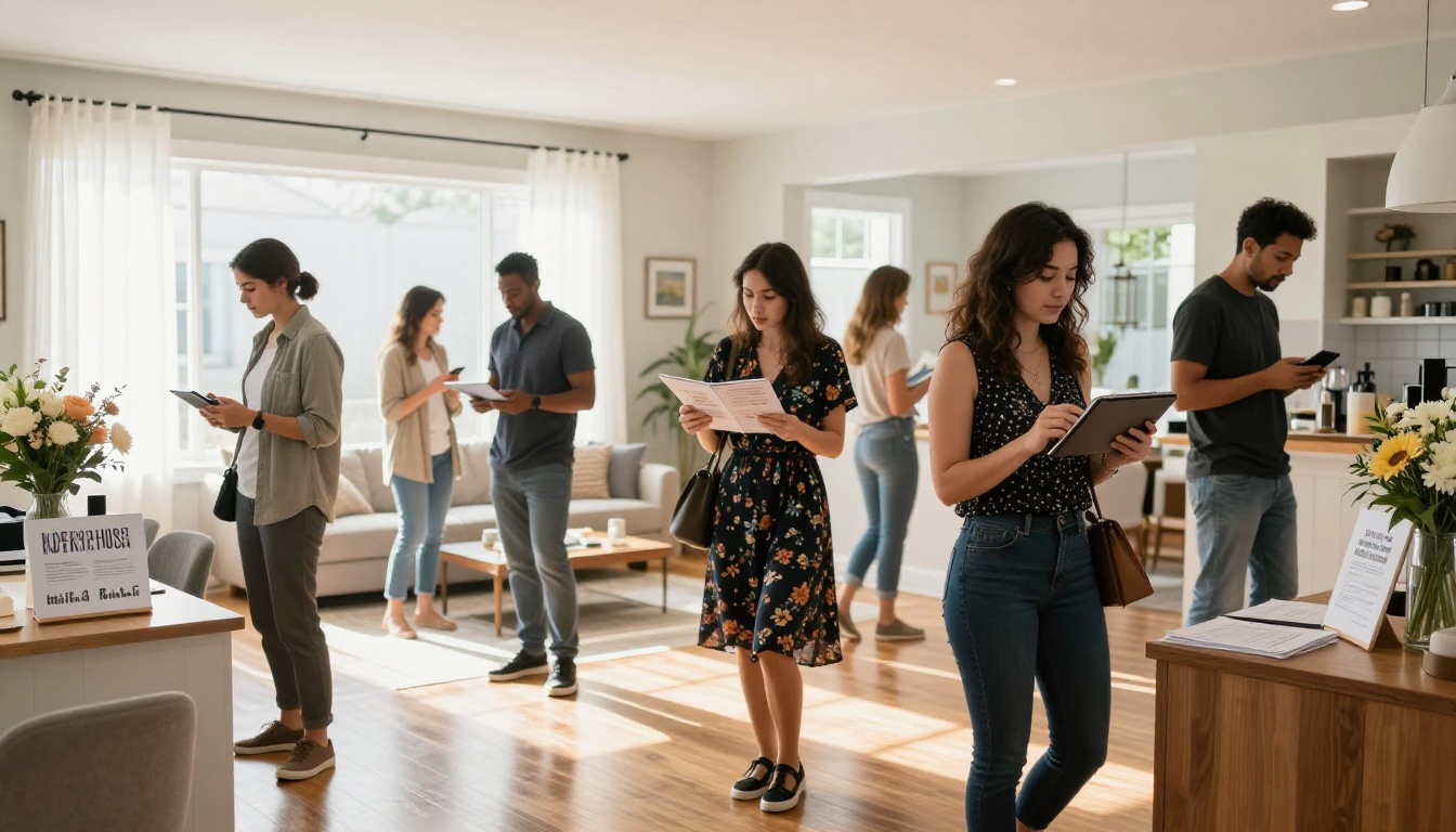 A busy real estate open house event with prospective buyers reviewing a digital listing flipbook on a tablet