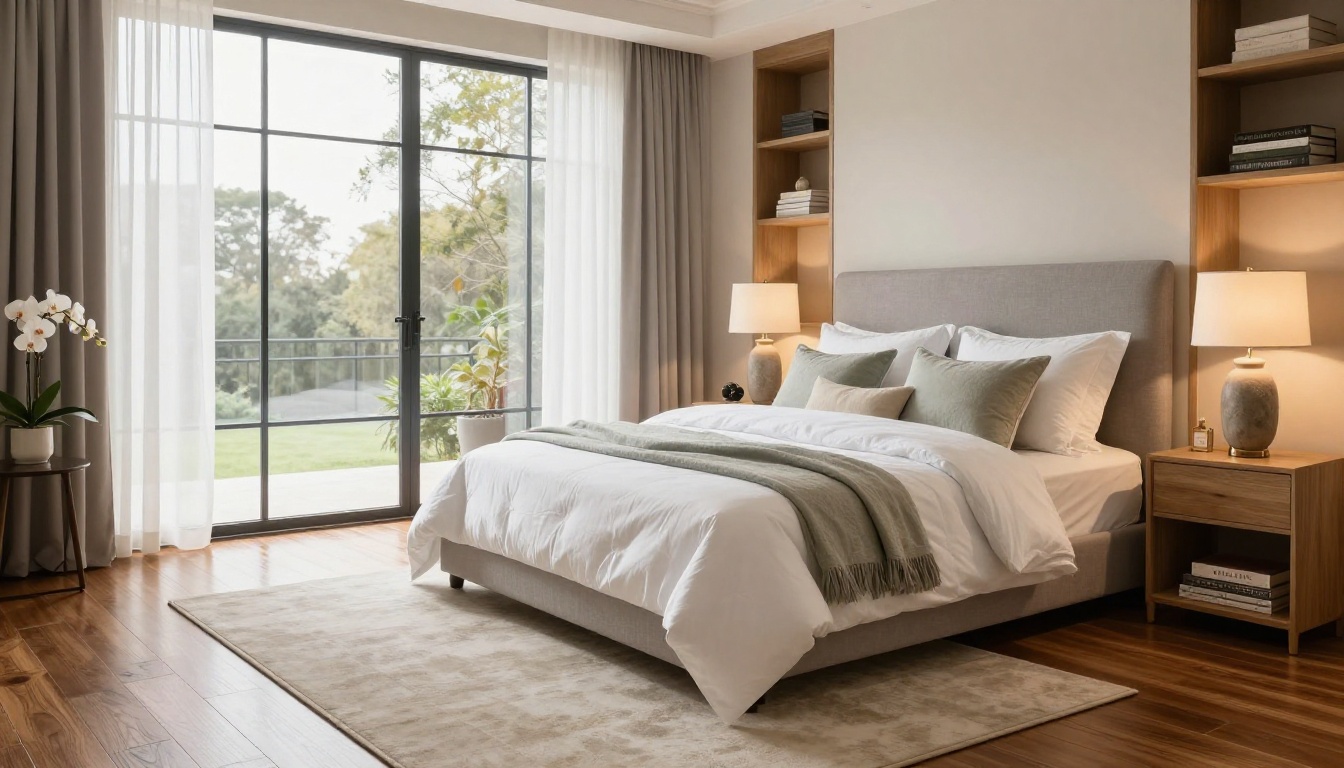A luxurious master bedroom staged for premium real estate photography with soft diffused morning light through floor-to-ceiling windows