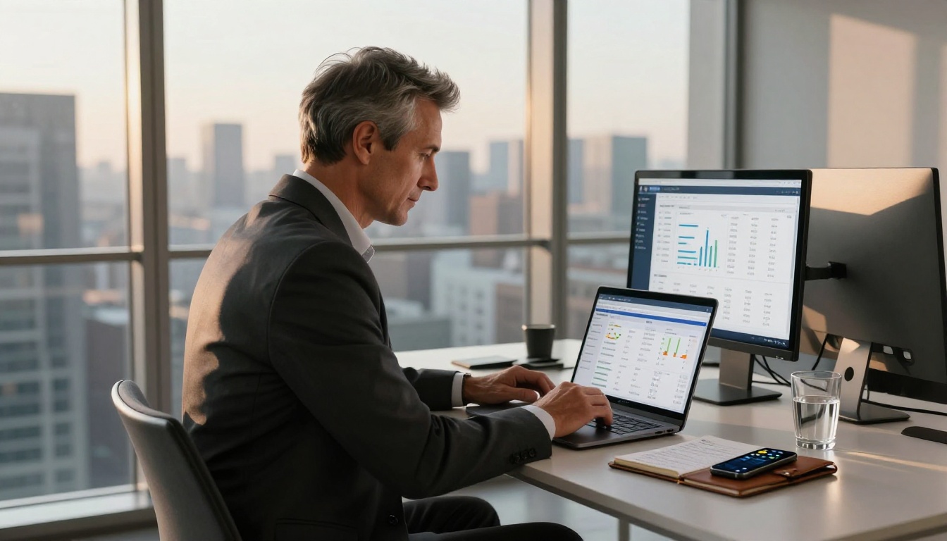 A professional real estate agent reviewing property listing analytics on a laptop in a modern office with city skyline behind him