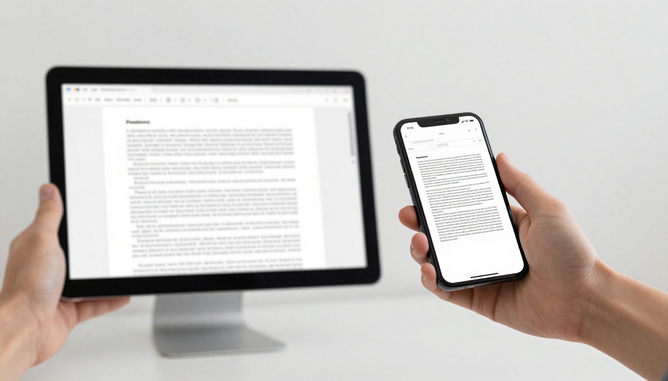 Desktop monitor showing clear PDF document next to smartphone showing the same document shrunk and unreadable