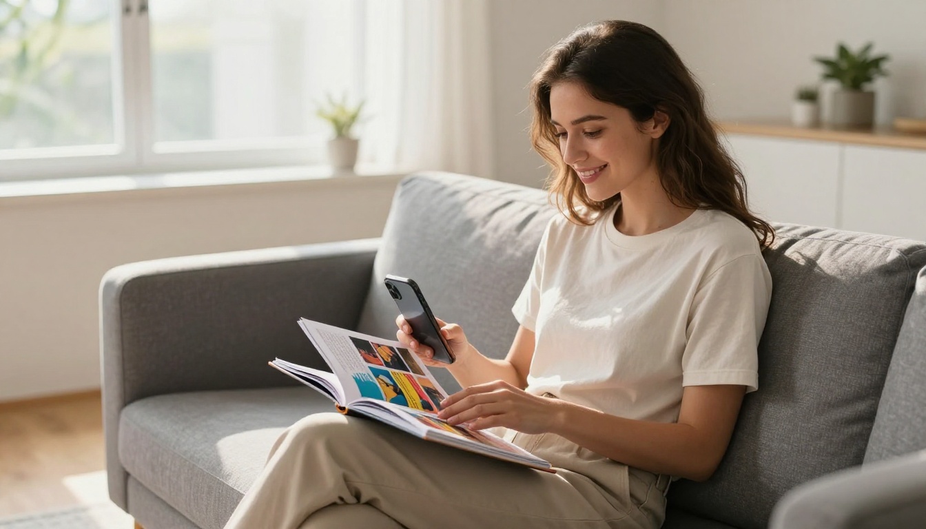Woman on grey sofa smiling while swiping through digital flipbook on smartphone in bright living room