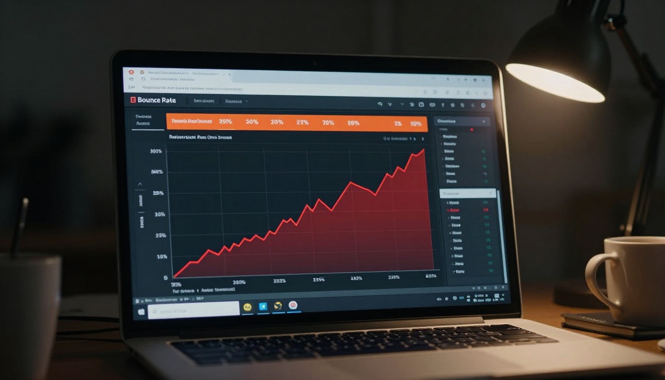 Analytics dashboard on laptop screen showing sharp spike in mobile bounce rate with steep red line graph