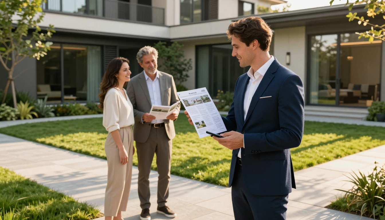 Real estate agent showing digital property brochure flipbook on smartphone to buyers outside luxury home at golden hour