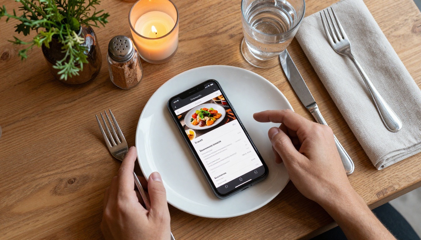 Overhead view of restaurant table with smartphone showing digital menu flipbook, ceramic plates and candlelight