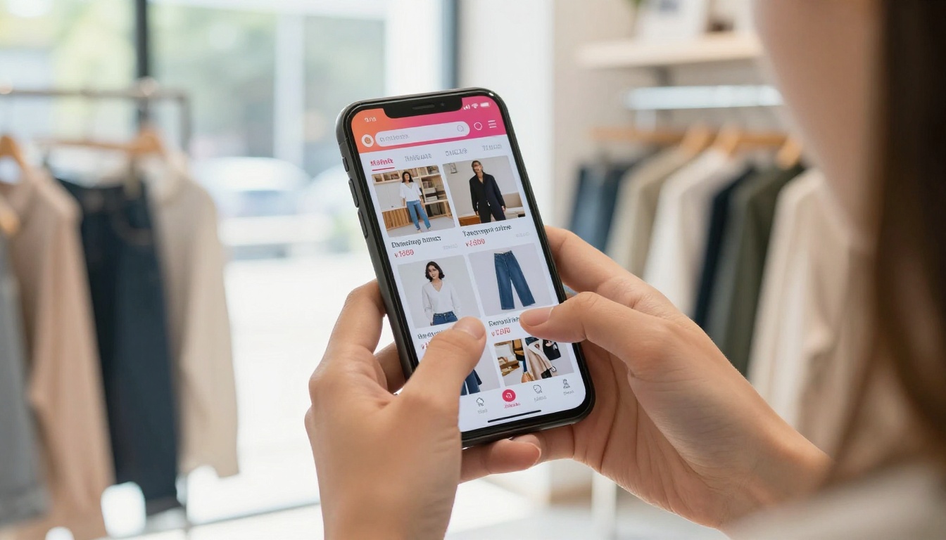 Young woman in retail environment holding smartphone showing e-commerce product catalog flipbook