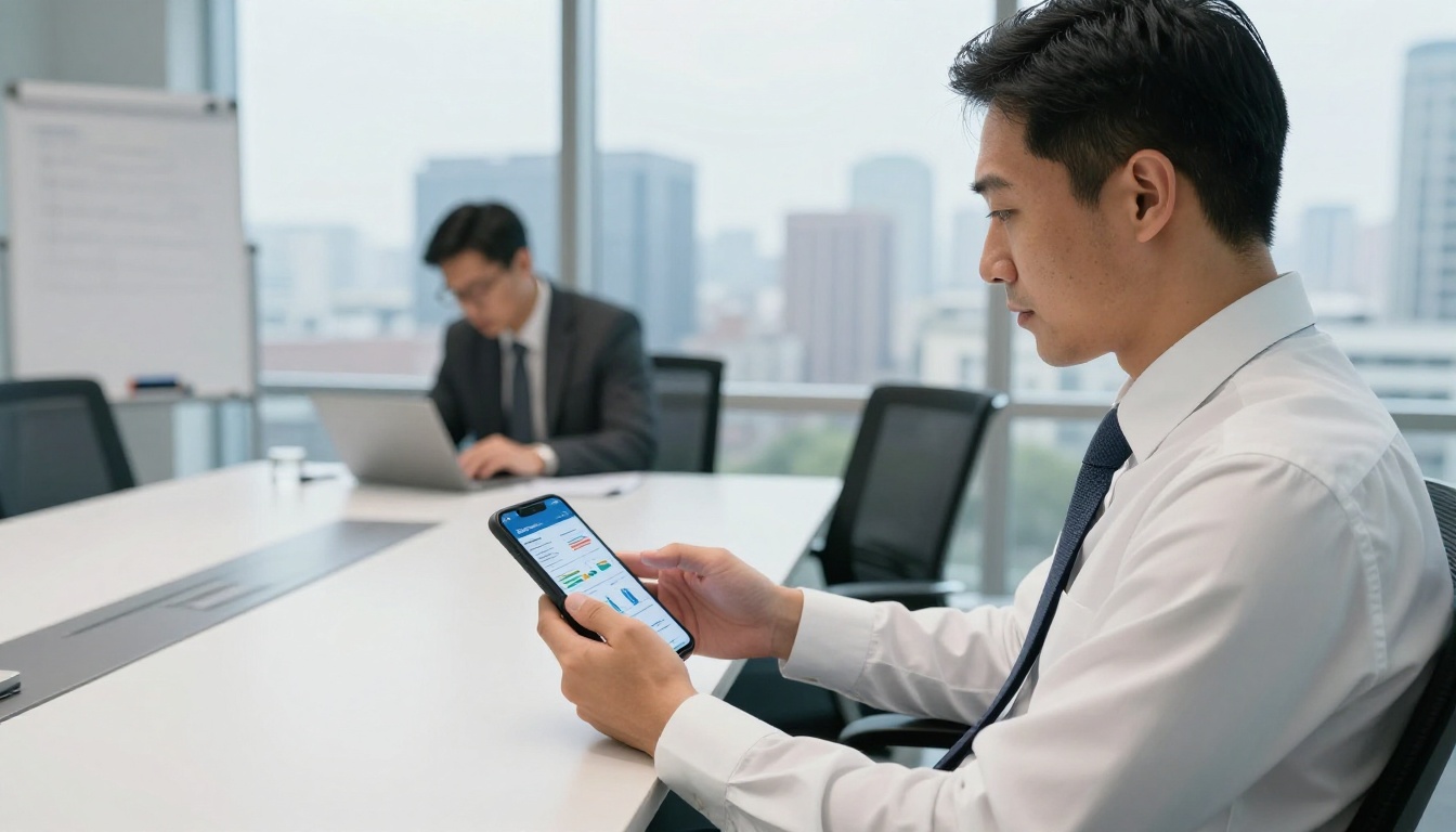 Professional businessman sharing corporate report flipbook on smartphone in glass-walled conference room with city skyline