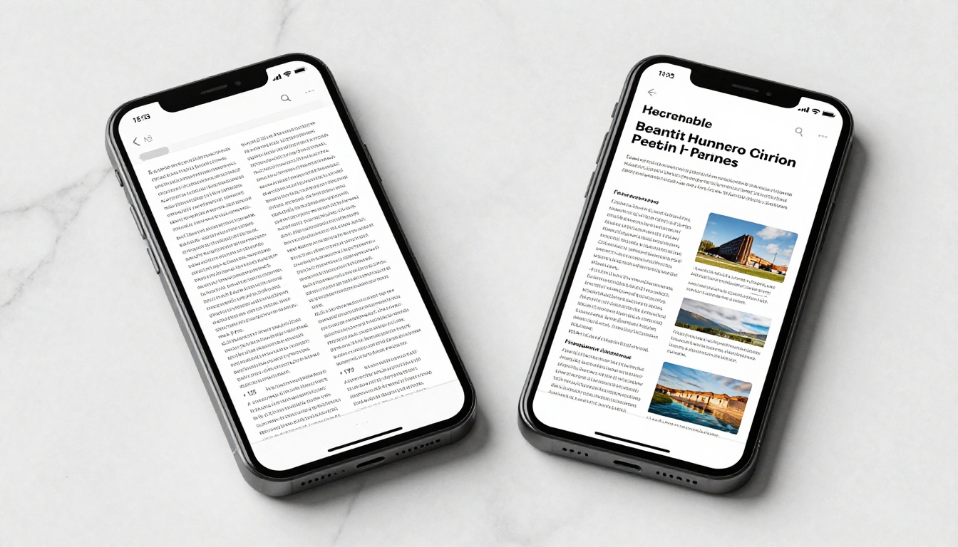 Two smartphones on white marble surface, one showing chaotic PDF, one showing clean responsive flipbook side by side