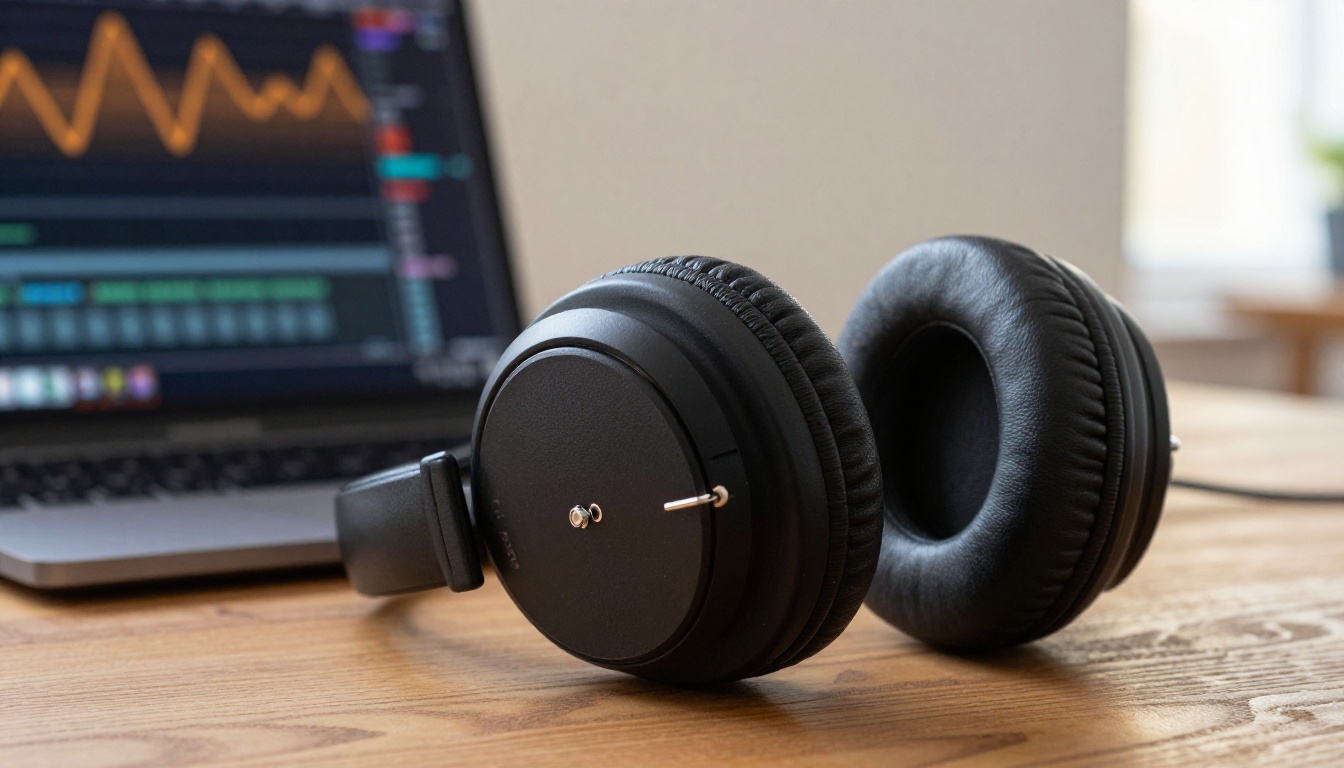 Premium headphones resting on a wooden desk next to a laptop displaying audio waveforms in warm afternoon light