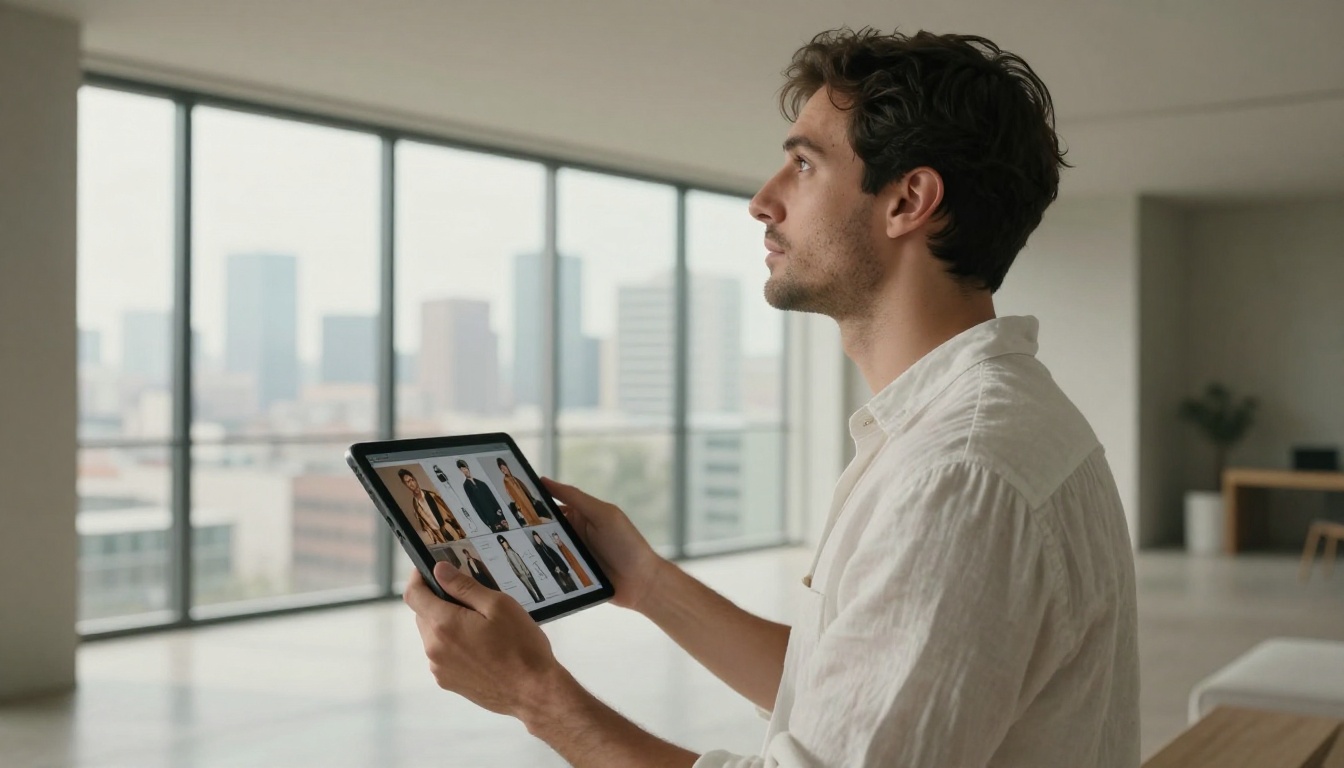 Man holding a tablet displaying a fashion lookbook flipbook near a floor-to-ceiling window with city skyline behind