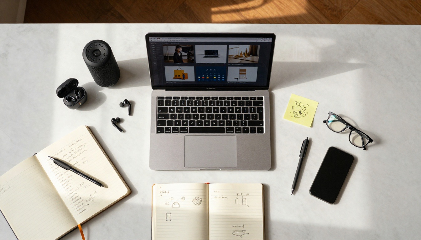 Aerial flat-lay of a creative workspace with laptop, Bluetooth speaker, earbuds, notebook and sticky notes on a white marble desk
