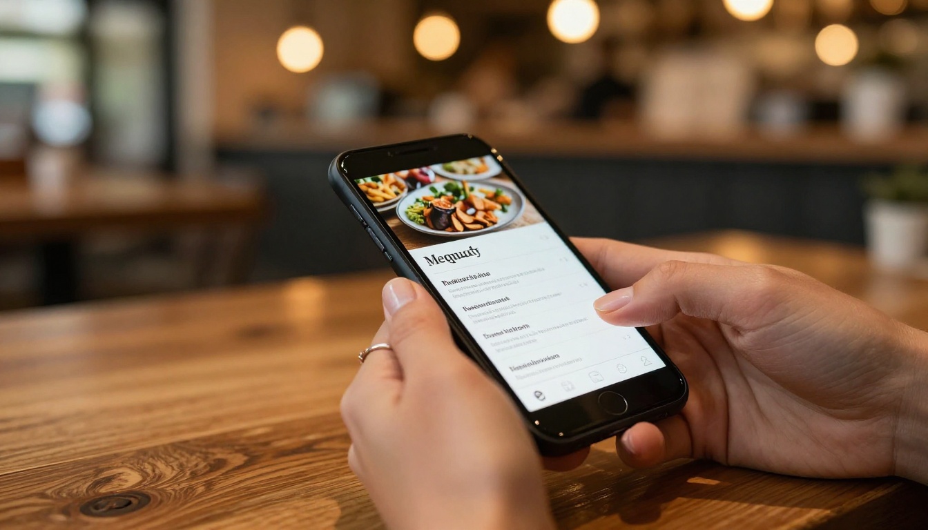Close-up of a woman's hands scrolling through a restaurant menu flipbook on a smartphone at a warm cafe table