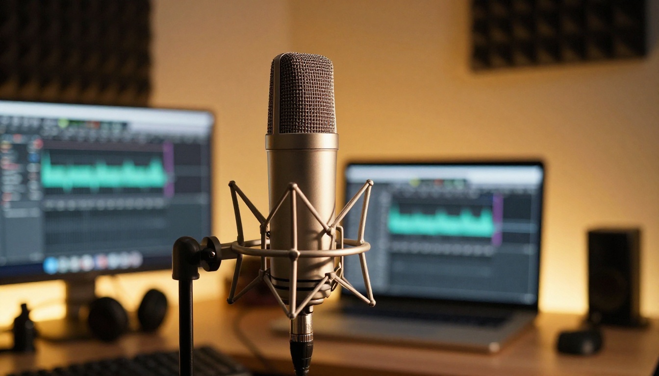 Studio condenser microphone on a chrome stand in a home recording studio with warm side lighting and acoustic foam panels