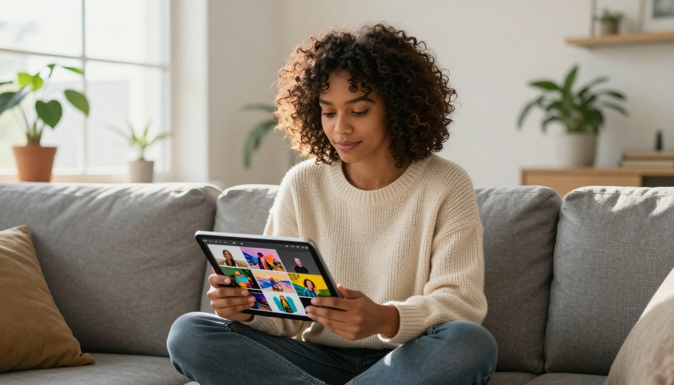 Young woman with curly hair sitting on a grey sofa holding an iPad displaying a digital portfolio flipbook in a bright Scandinavian living room
