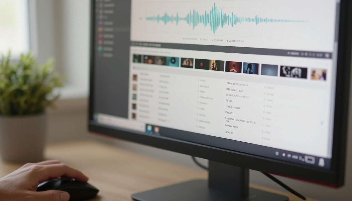 Desktop monitor displaying a royalty-free music library interface with waveform thumbnails, blurred hand on mouse in foreground