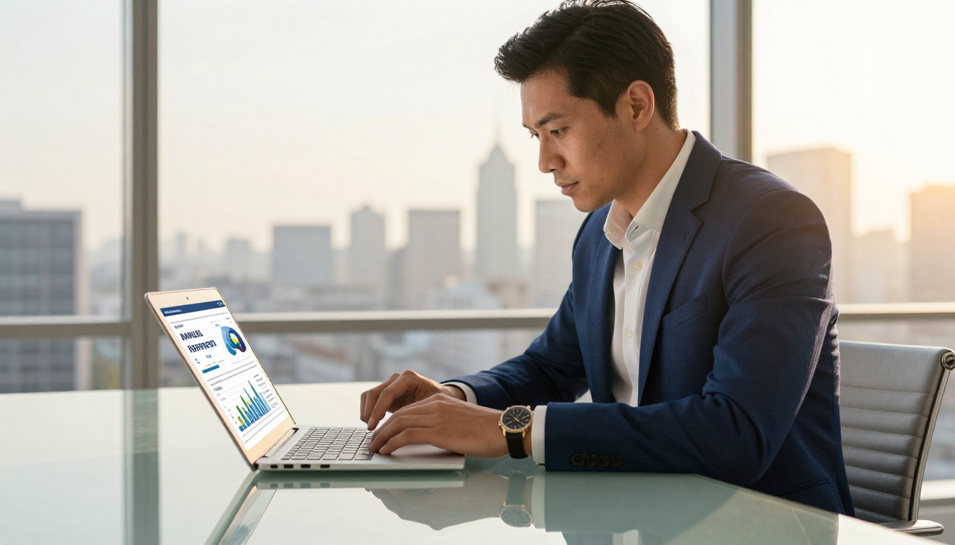 Business professional in a navy suit reviewing a corporate flipbook on a laptop at a glass conference table with city skyline behind