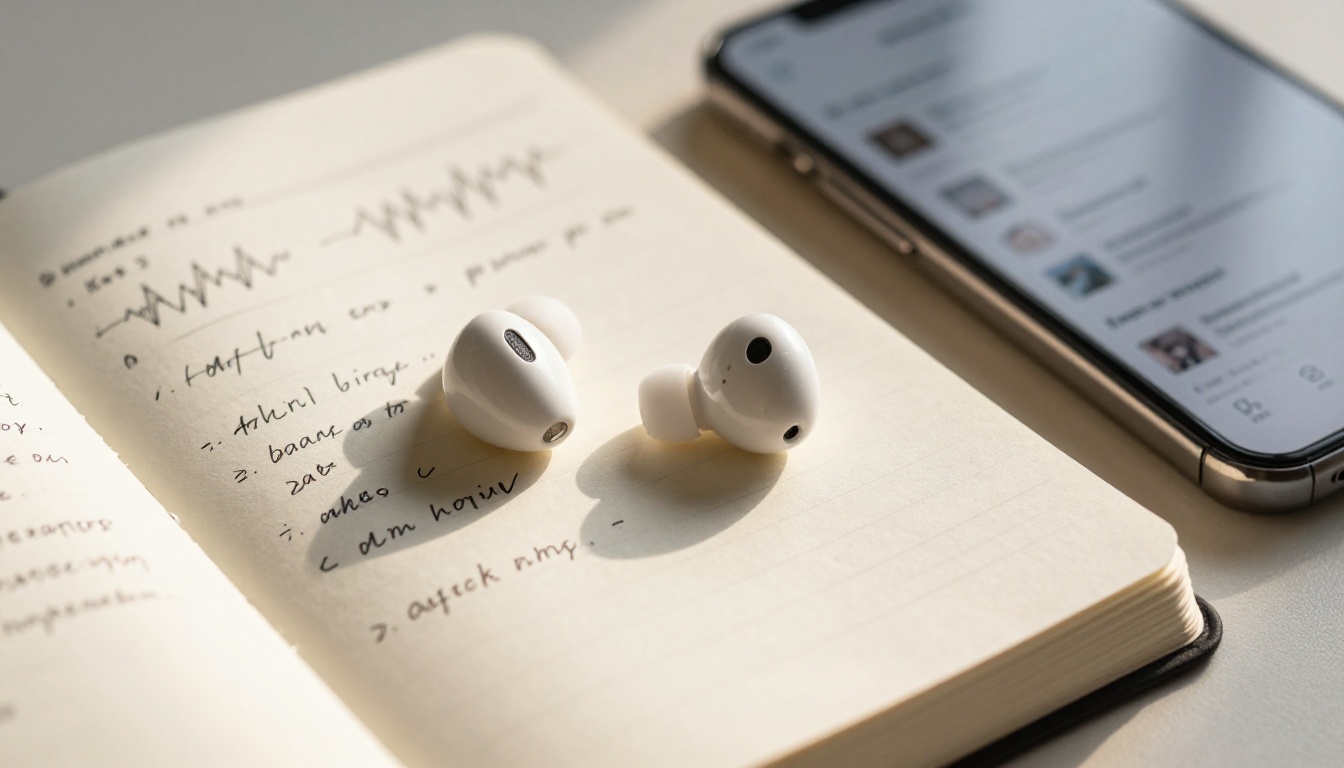 Close-up of white wireless earbuds on a notebook with handwritten waveform sketches next to a smartphone showing a digital event program flipbook
