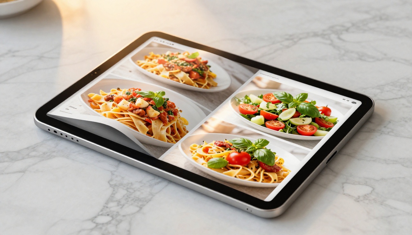 iPad flat on marble counter displaying recipe flipbook with page-turn animation iPad flat on marble counter displaying recipe flipbook with page-turn animation