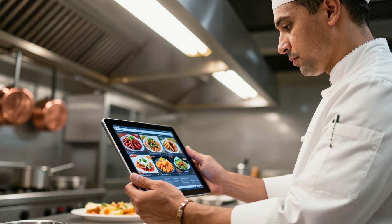 Chef holding tablet with recipe flipbook in professional restaurant kitchen Chef holding tablet with recipe flipbook in professional restaurant kitchen
