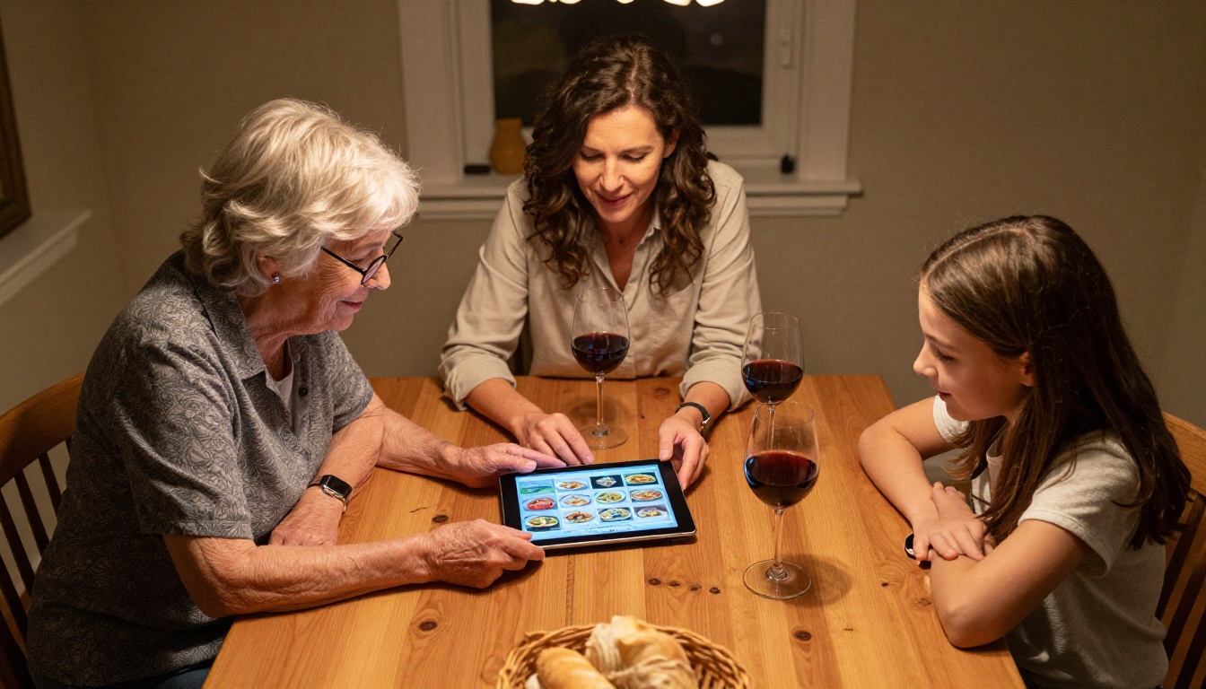 Three generations of family browsing recipe flipbook together at dinner table Three generations of family browsing recipe flipbook together at dinner table