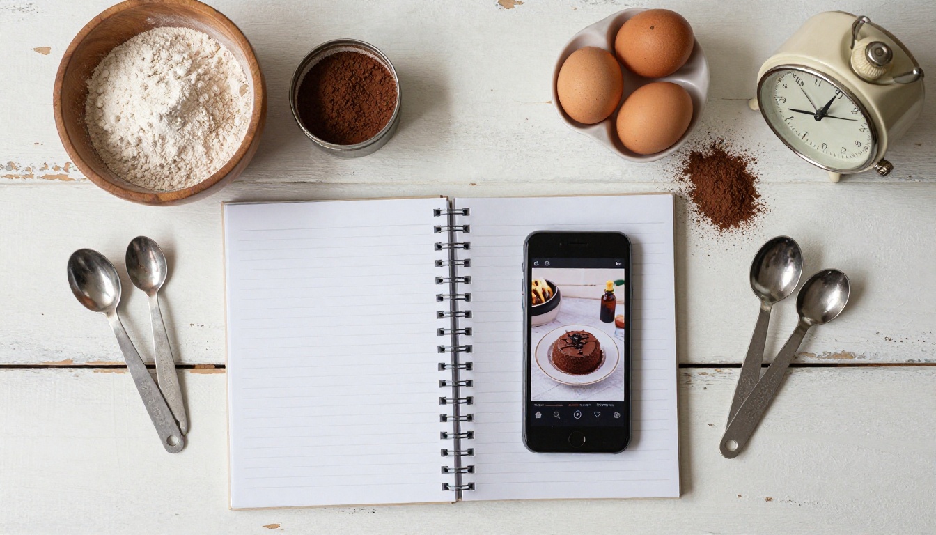 Flat-lay overhead of cookbook and smartphone showing same recipe in digital flipbook format