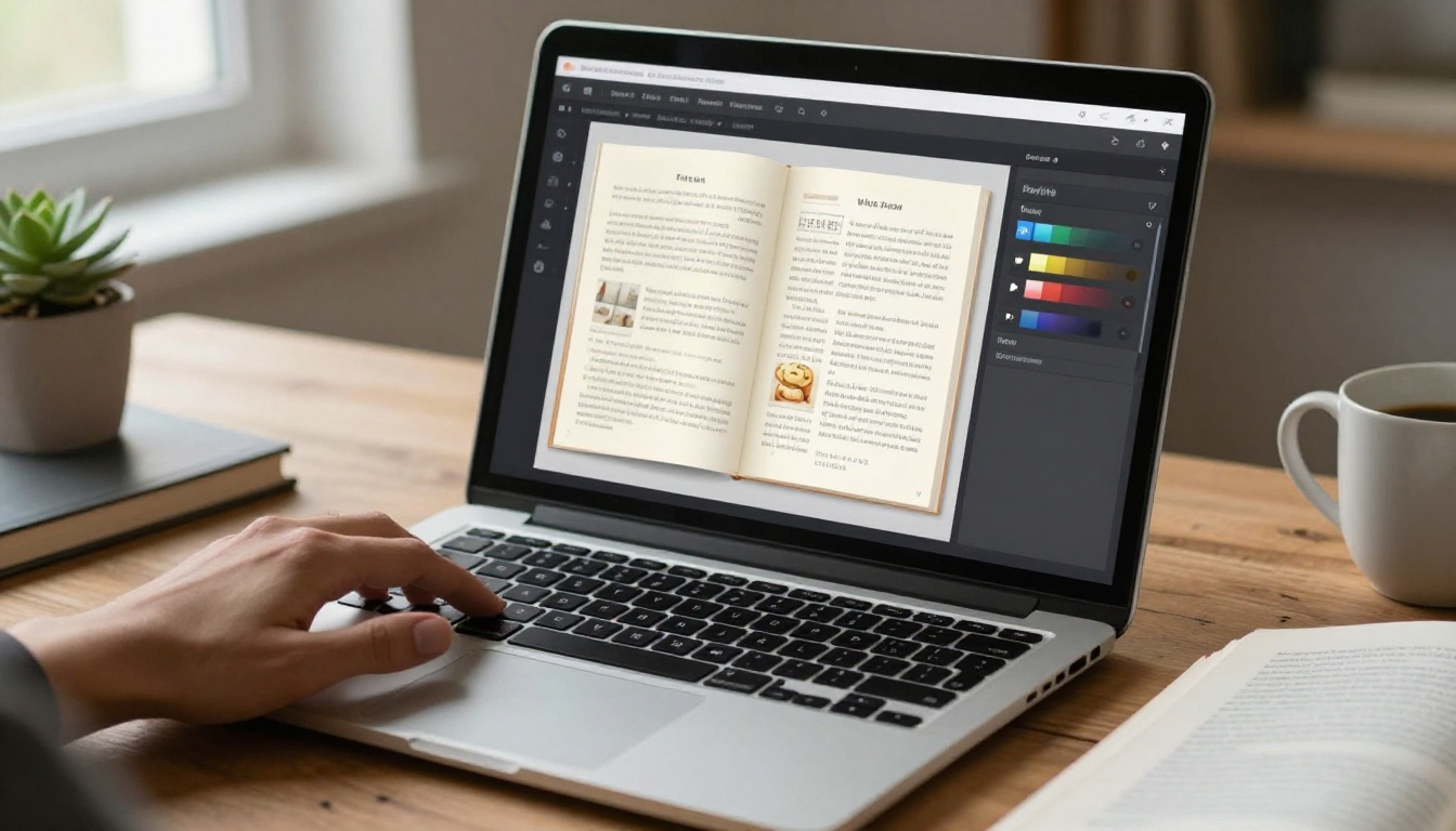 Laptop screen showing cookbook flipbook customization interface with color and font options